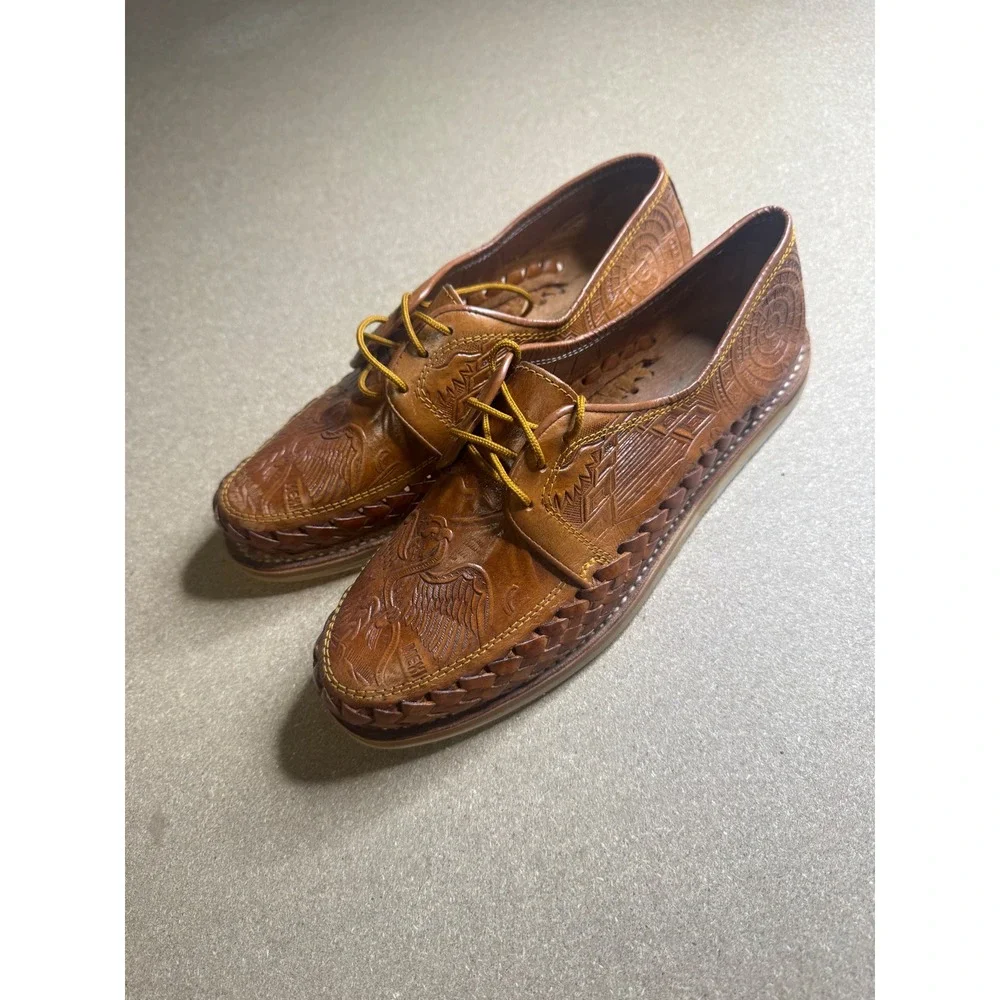 Artisanias Chavez Mens Tan Leather Aztec Eagle Tooled Huarache Oxford Shoes‎ 9